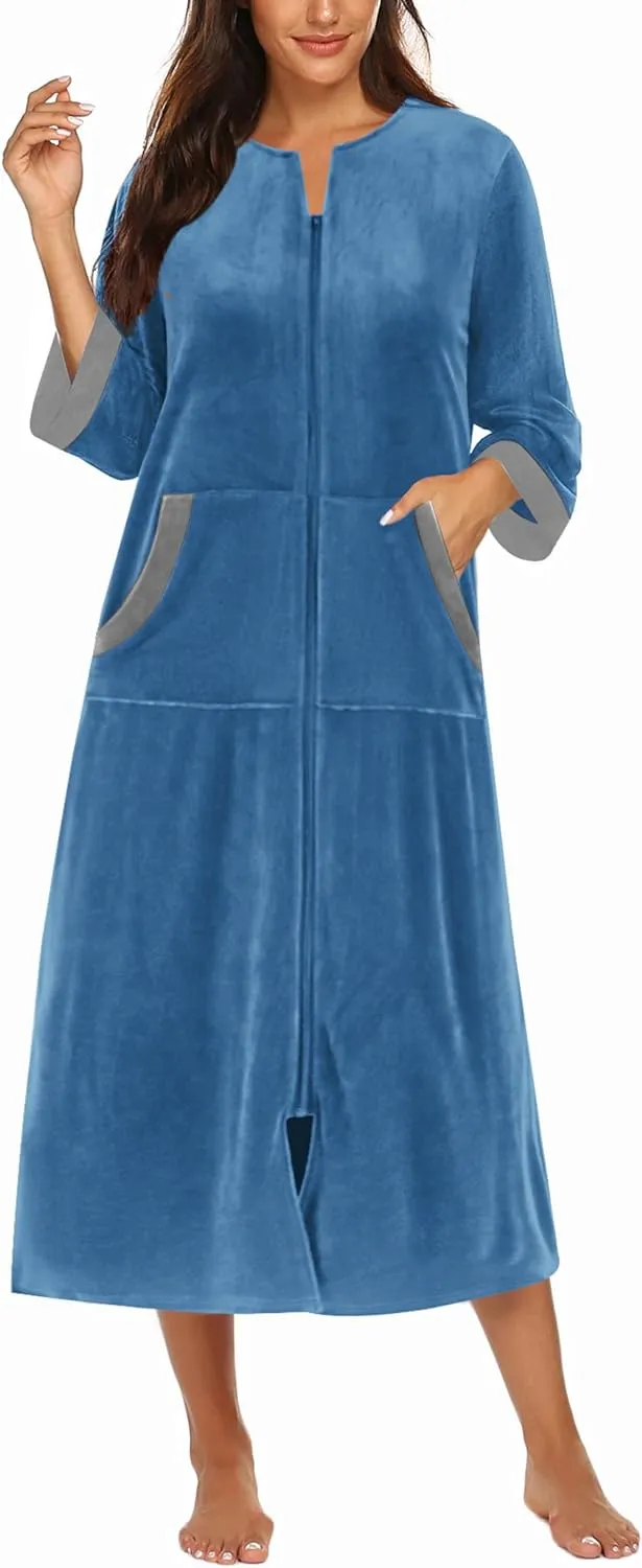 50% OFF Women Zipper Robe 3/4 Sleeves Loungewear Dress Full Length Sleepwear Pockets Housecoat Nightgown Long Bathrobe