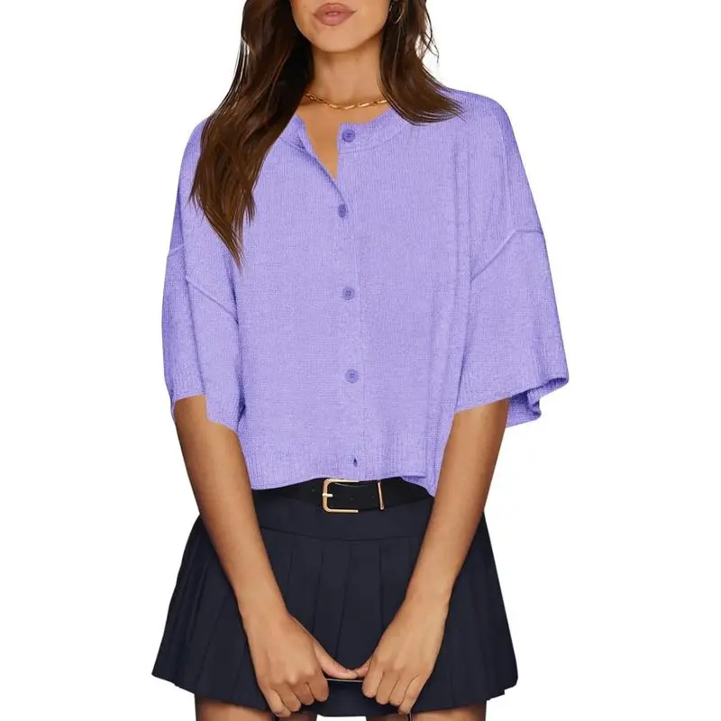 Womens Half Sleeve Cardigan Sweaters Cropped Button Down Tops Oversized Lightweight Ribbed Knit Summer Outfits