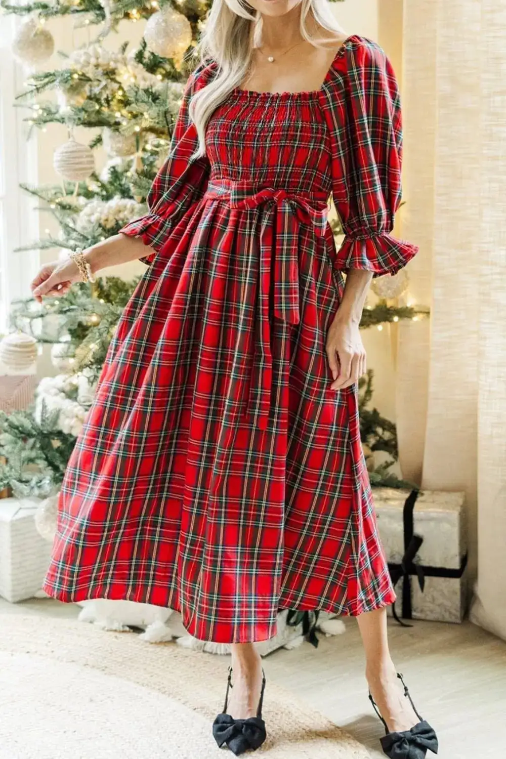 Plaid Smocked Midi Dress
