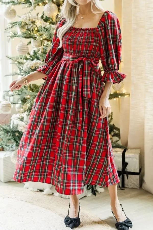 Plaid Smocked Midi Dress