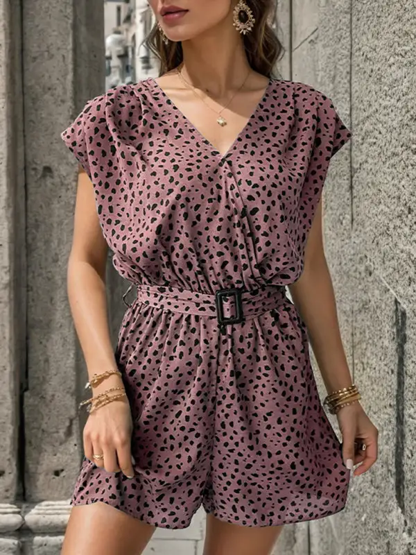 Leopard Print Jumpsuit V Neck Commuter Shorts