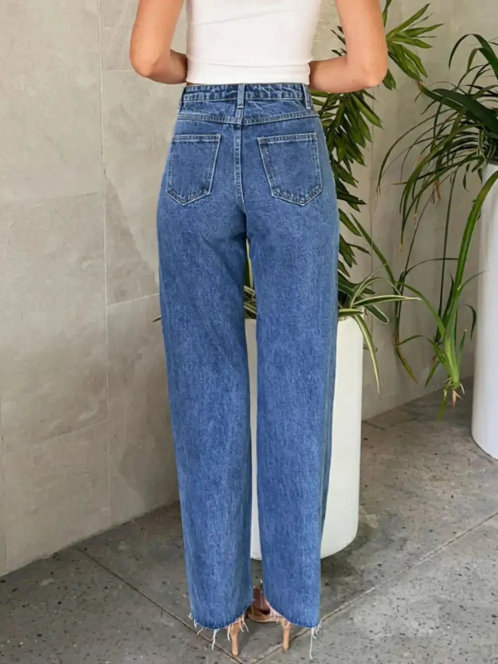 Pearl Embellished High Waist Straight Leg Denim Jeans