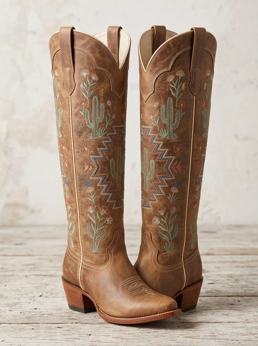 Women's Western Cactus Floral Geometric Embroidered Piped Block-Heel Denim Over-the-Knee Boots