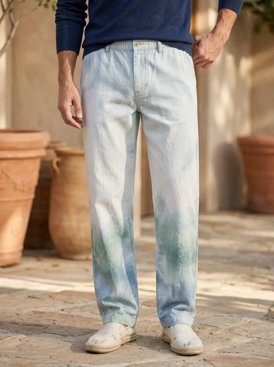 Men's Casual Style Blue Green Tie-Dye Printed Pants