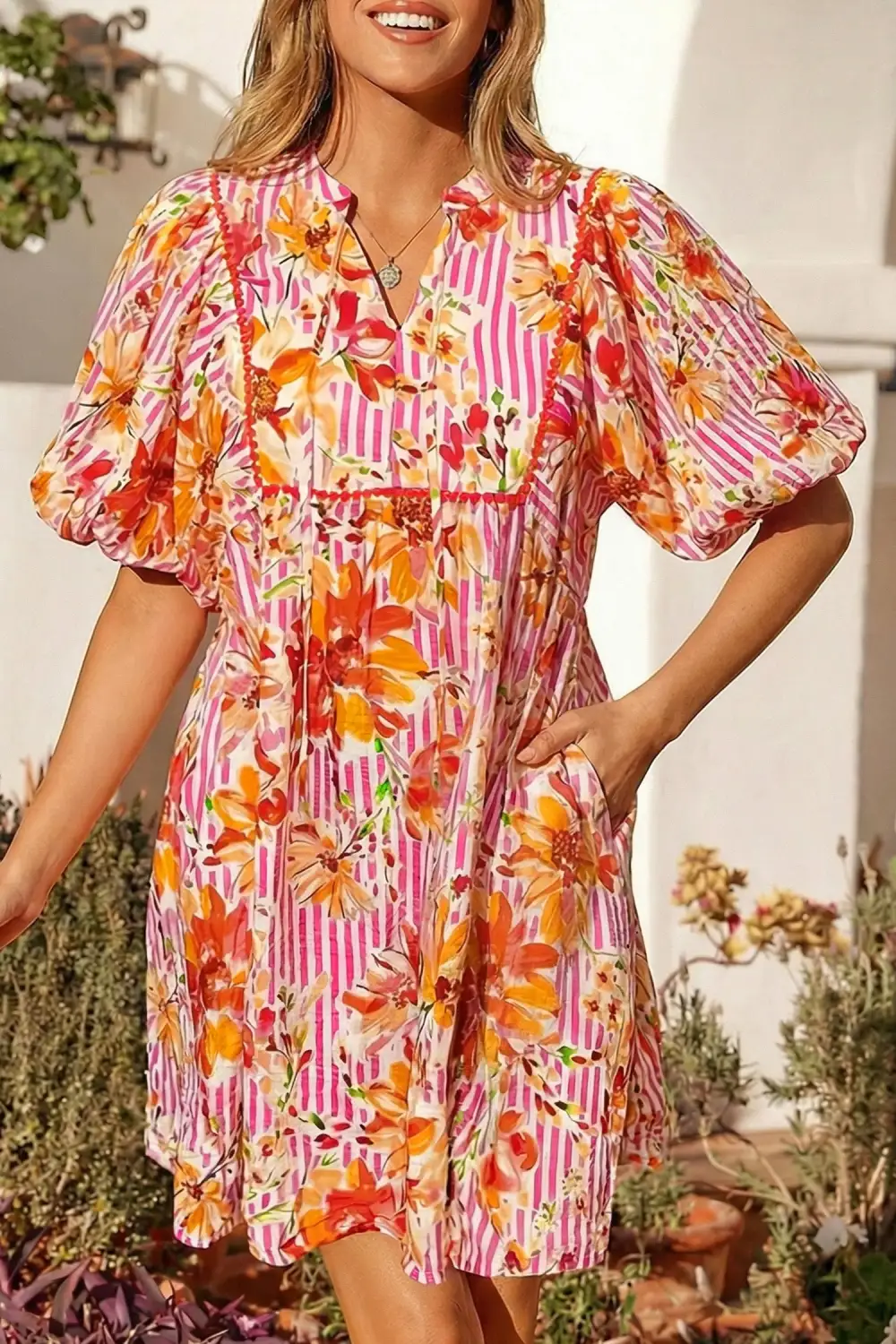 Floral Striped Puff Sleeve Mini Dress