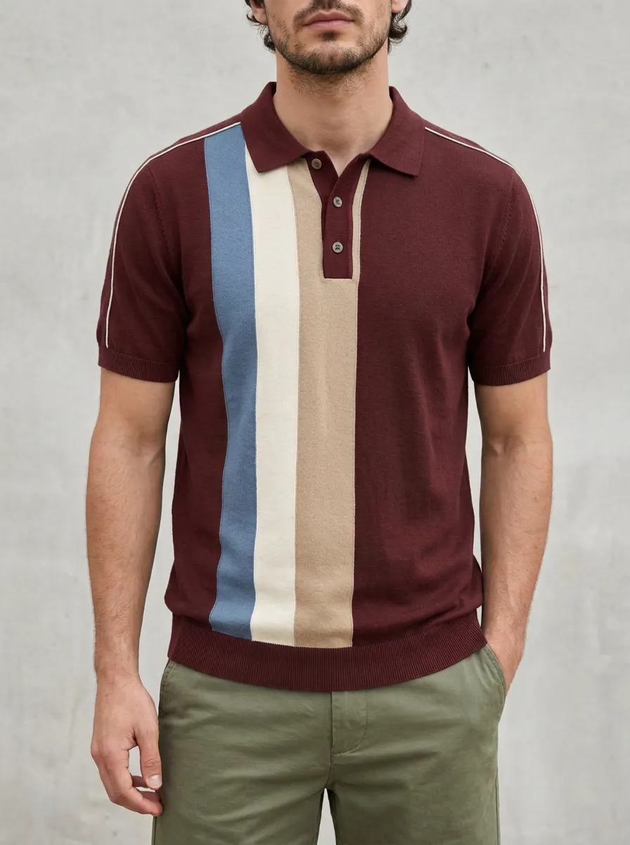 Men's Knit Ribbed Textured Vertical-Stripe Contrast-Piping Polo Shirt