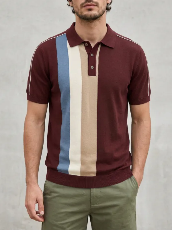 Men's Knit Ribbed Textured Vertical-Stripe Contrast-Piping Polo Shirt