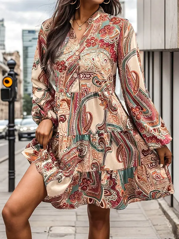 Long Sleeve Relaxed Buttoned Flower Print Split Joint V Neck Mini