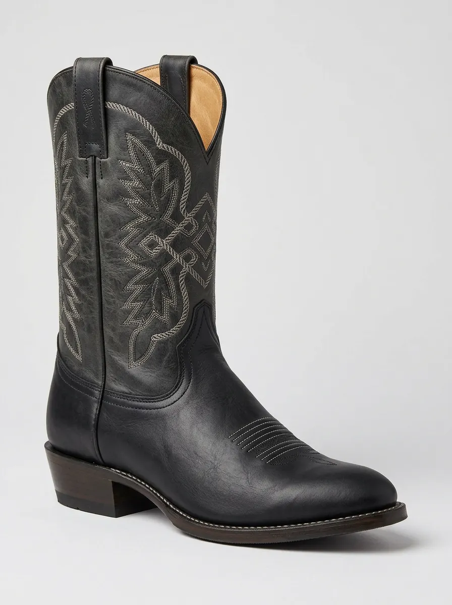 Men's Western Cowboy Embroidered Black Leather Printed Western Boots
