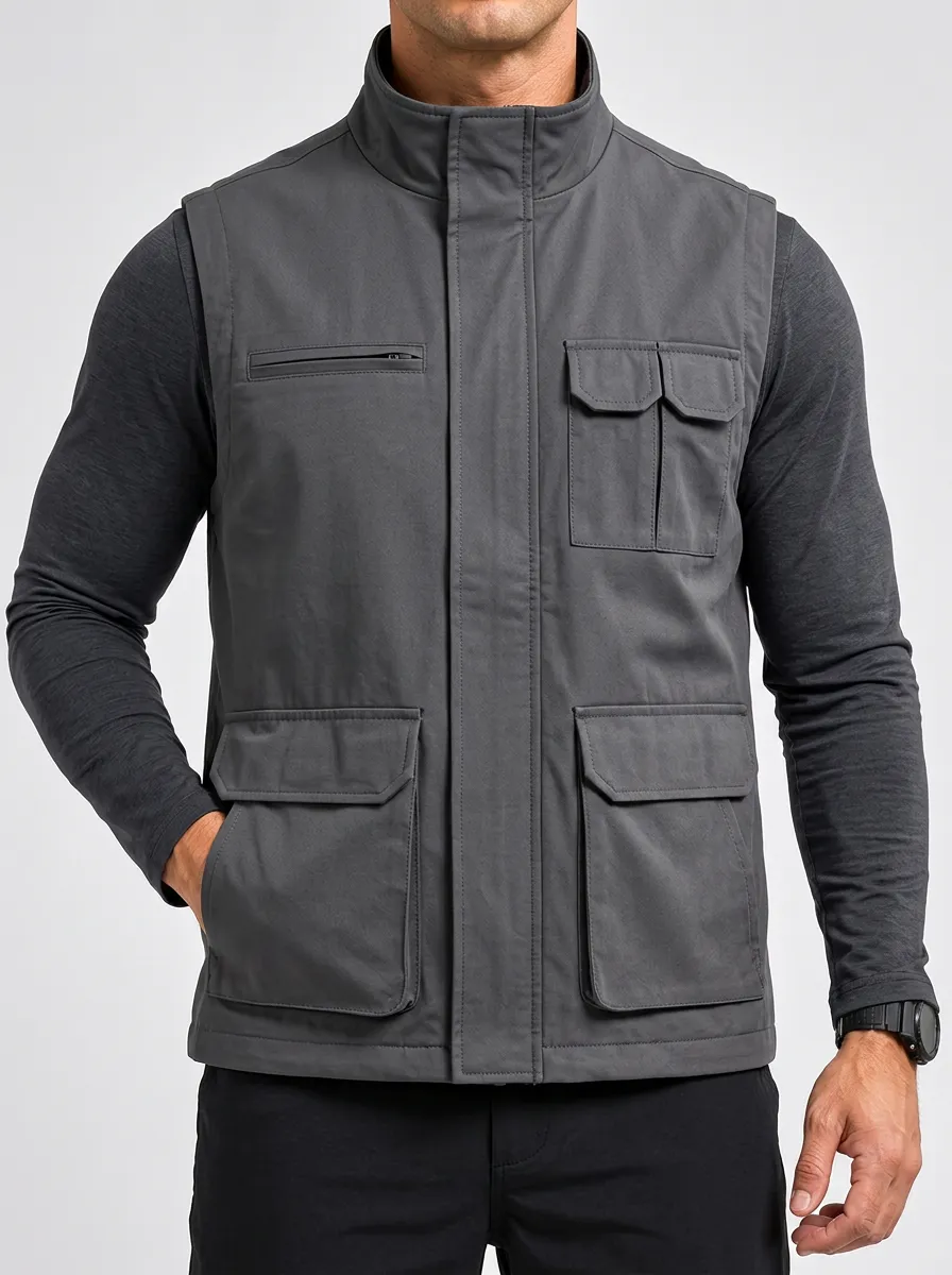 Men's Sleeveless Tactical-Inspired Utility Pocket Layering Jacket