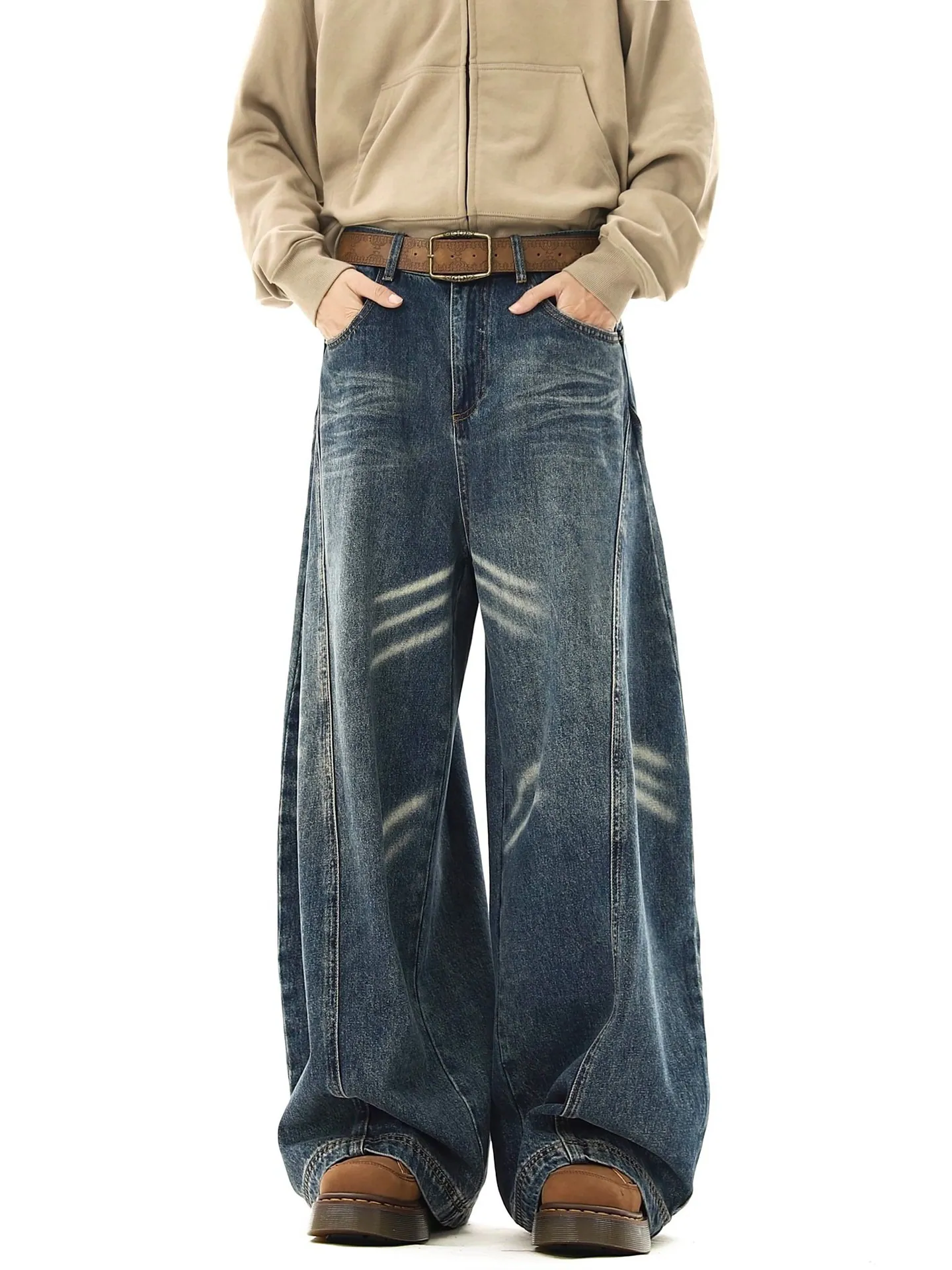 Vintage Whisker Wash Curved-Leg Denim Pants