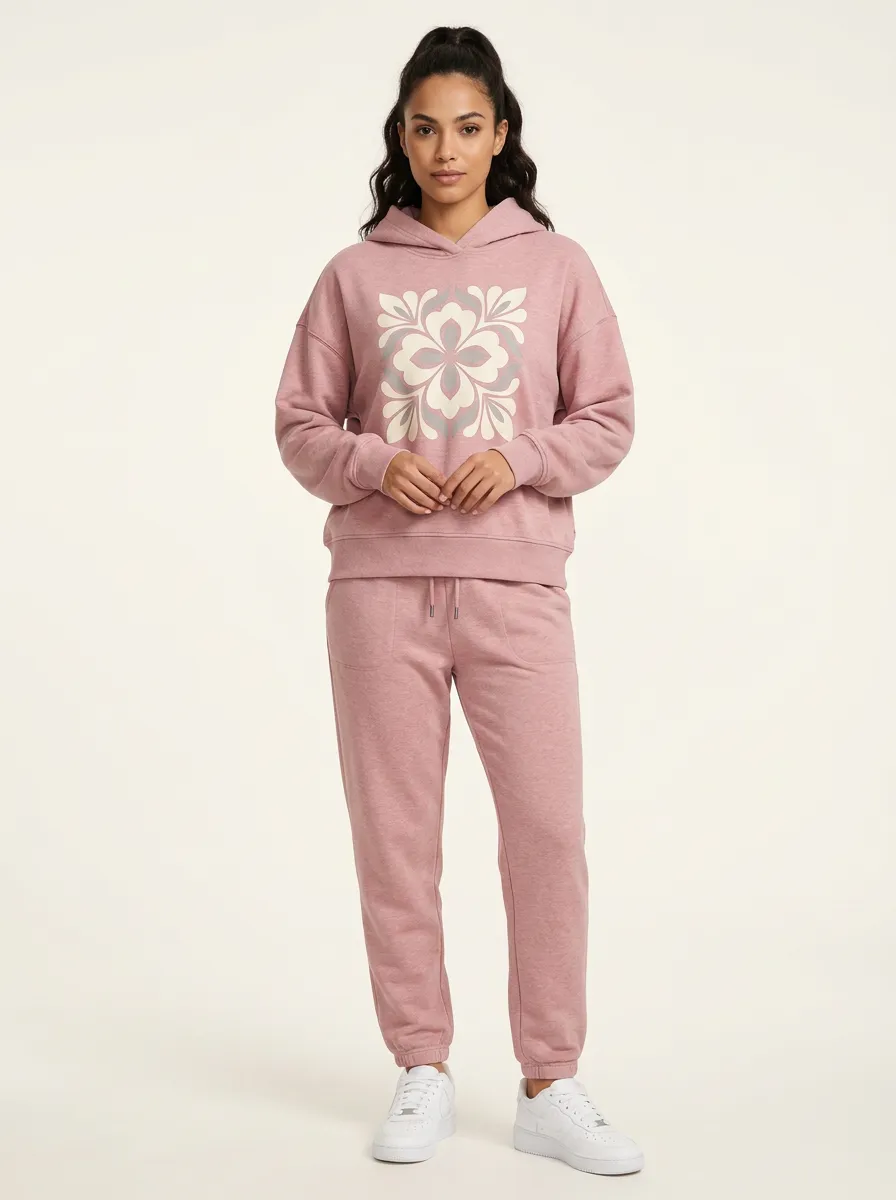 Women's Dusty Rose Dropped Shoulder Solid Hoodie & Pants Set