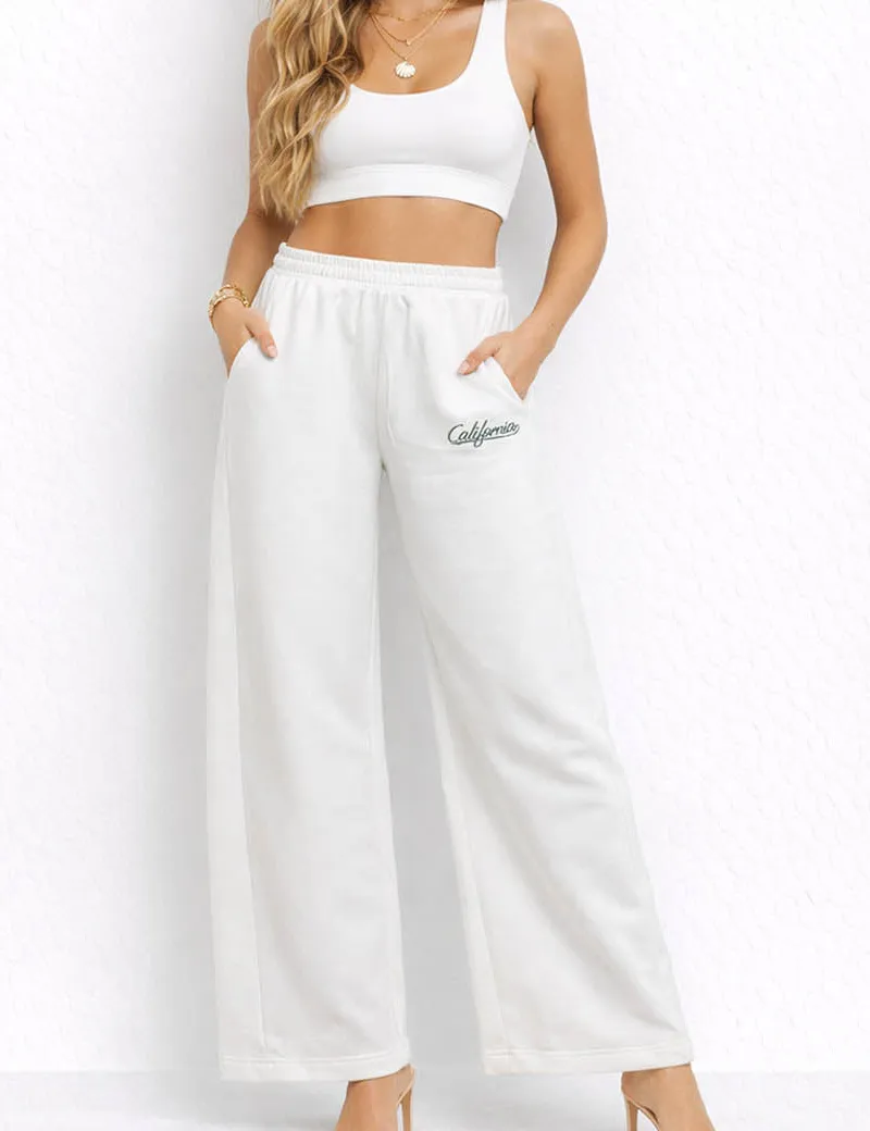 Everyday Letter Embroidery Elastic Waist Wide Leg Pants