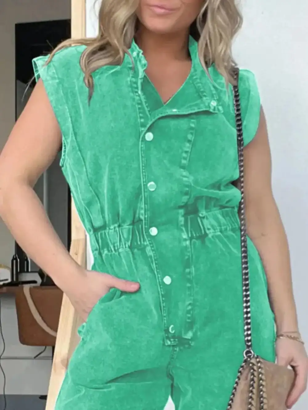 Plus Size Button Front Cap Sleeve Accessory