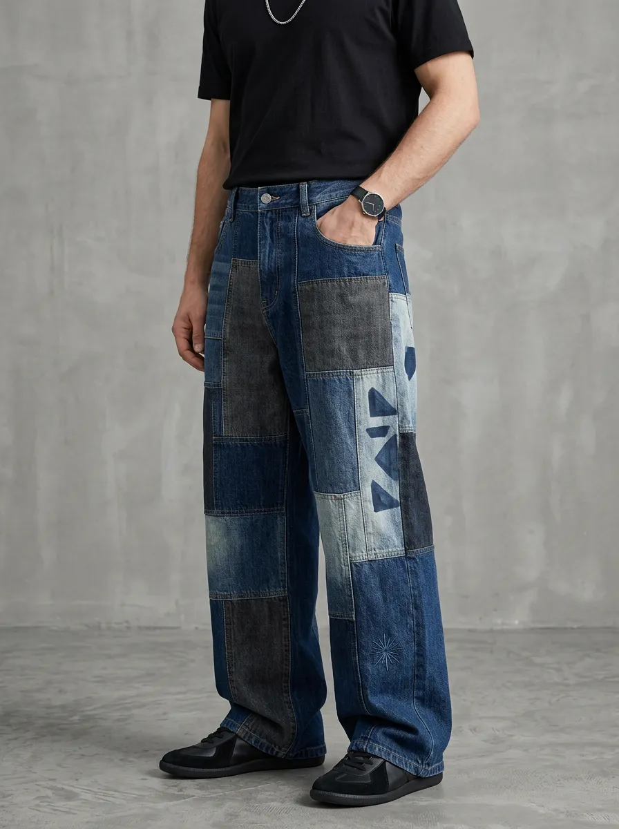 Men's Geometric Patchwork Wide Leg Jeans