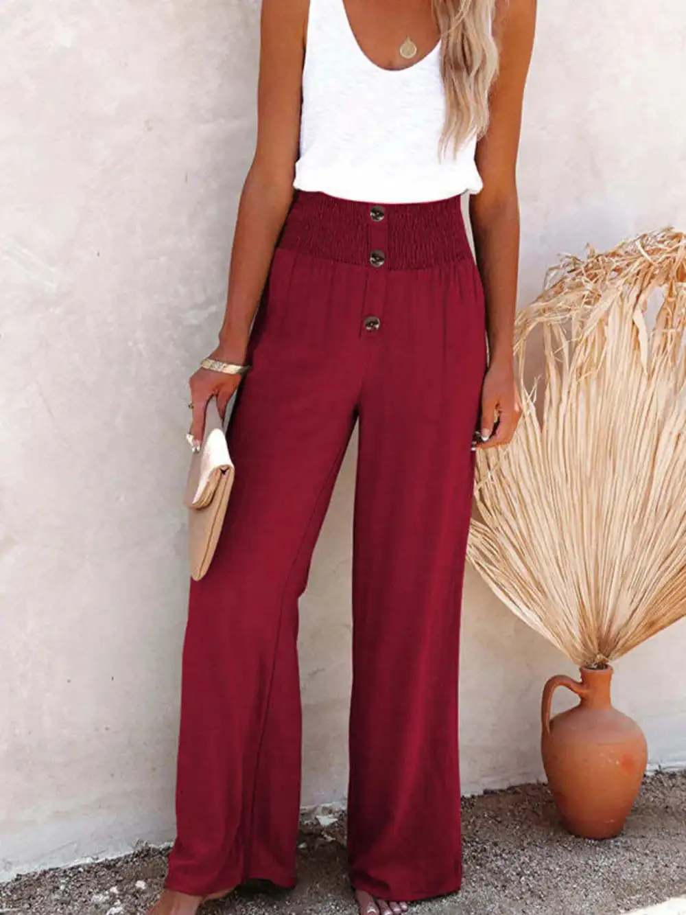 High Waisted Textured Wide Leg Plus Pants