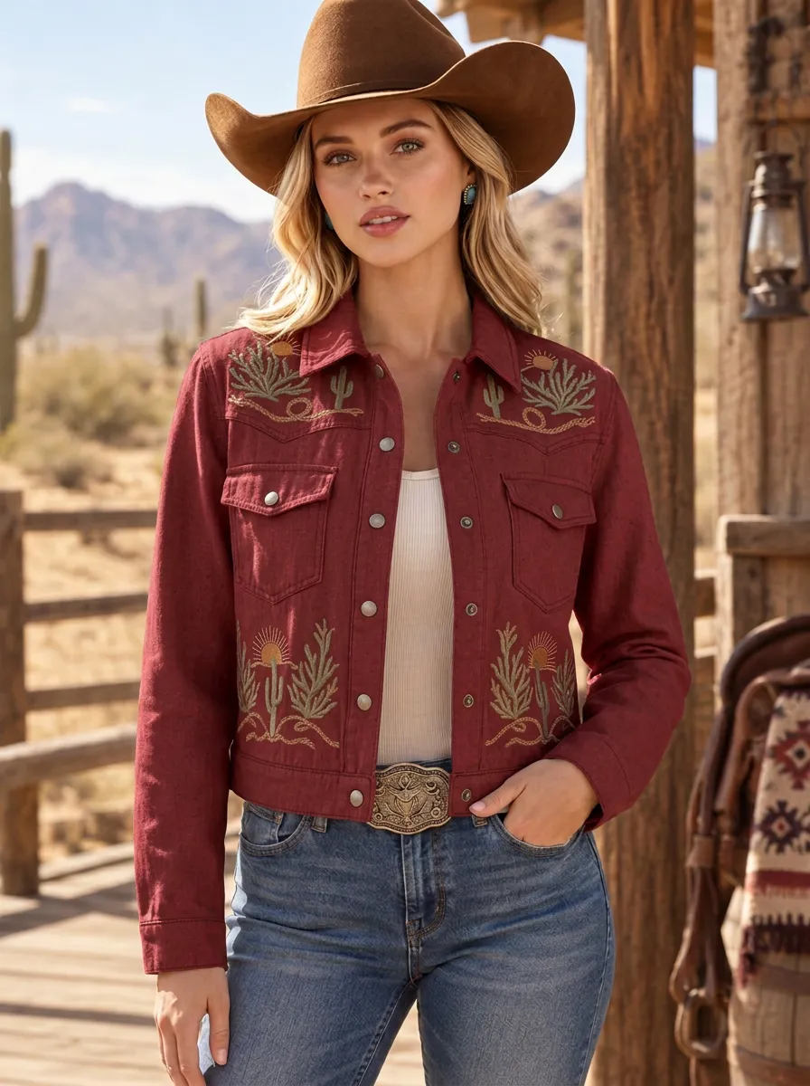 Women's Western Cowgirl Cactus Desert Sun Embroidered Jacket