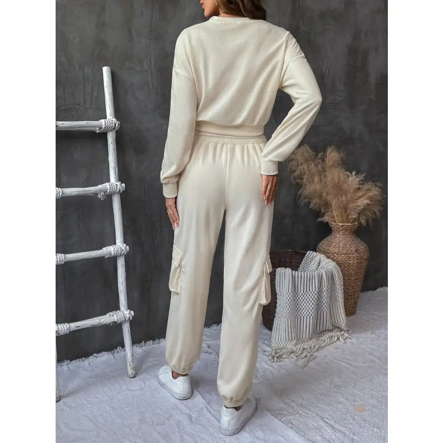 Vacation Round Neck Long Sleeve Top and Pants Set