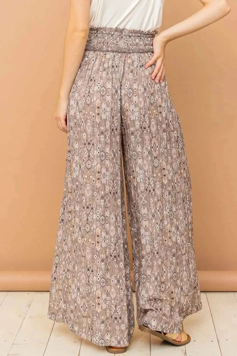 Boho Printed Smocked Waist Slit Wide Leg Pants