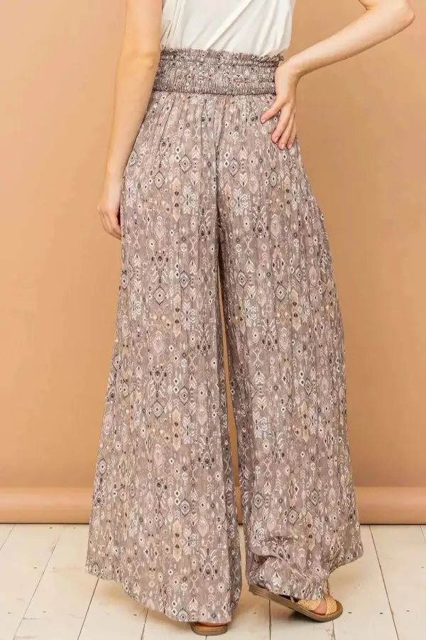 Boho Printed Smocked Waist Slit Wide Leg Pants