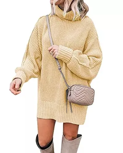 Women Fashion Sweater Short Dress Long Sleeve Turtleneck Oversized Fall Winter Soft Chunky Knit Pullover Sweaters