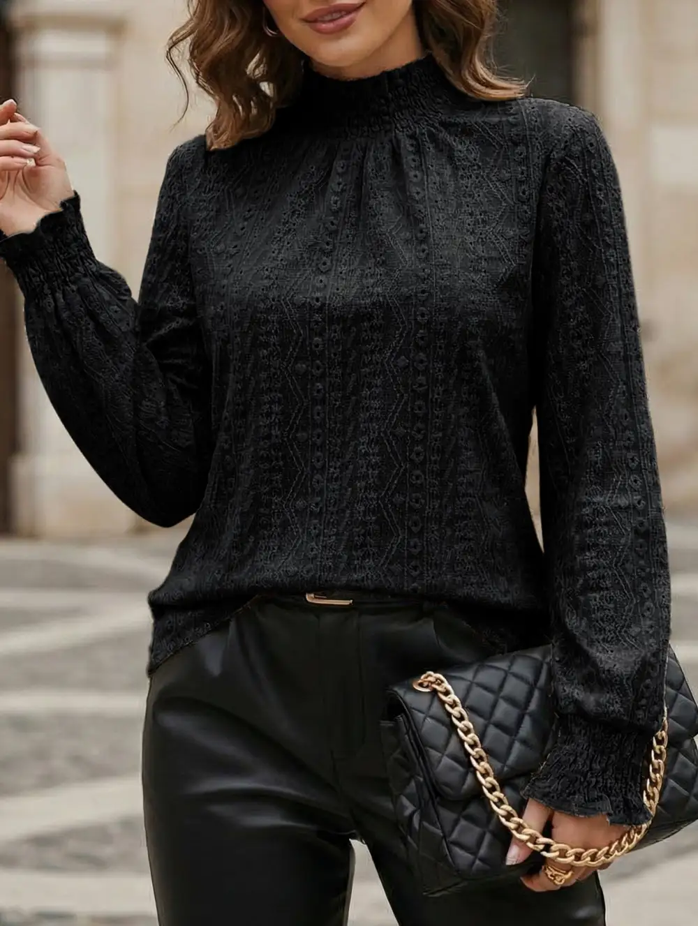 Jacquard Crew Neck Long Sleeve Tee