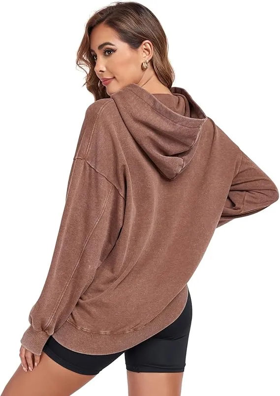 Women's Oversized Acid Wash Cotton Hoodie Minimalist Design Loose Fit with Kangaroo Pocket