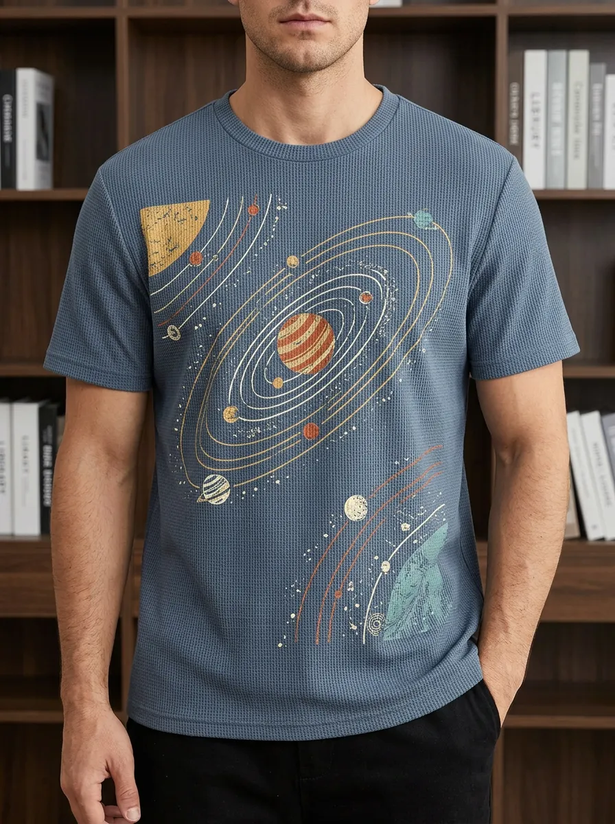 Men's Astronomy Lover Solar System Waffle Crew Neck T-Shirt