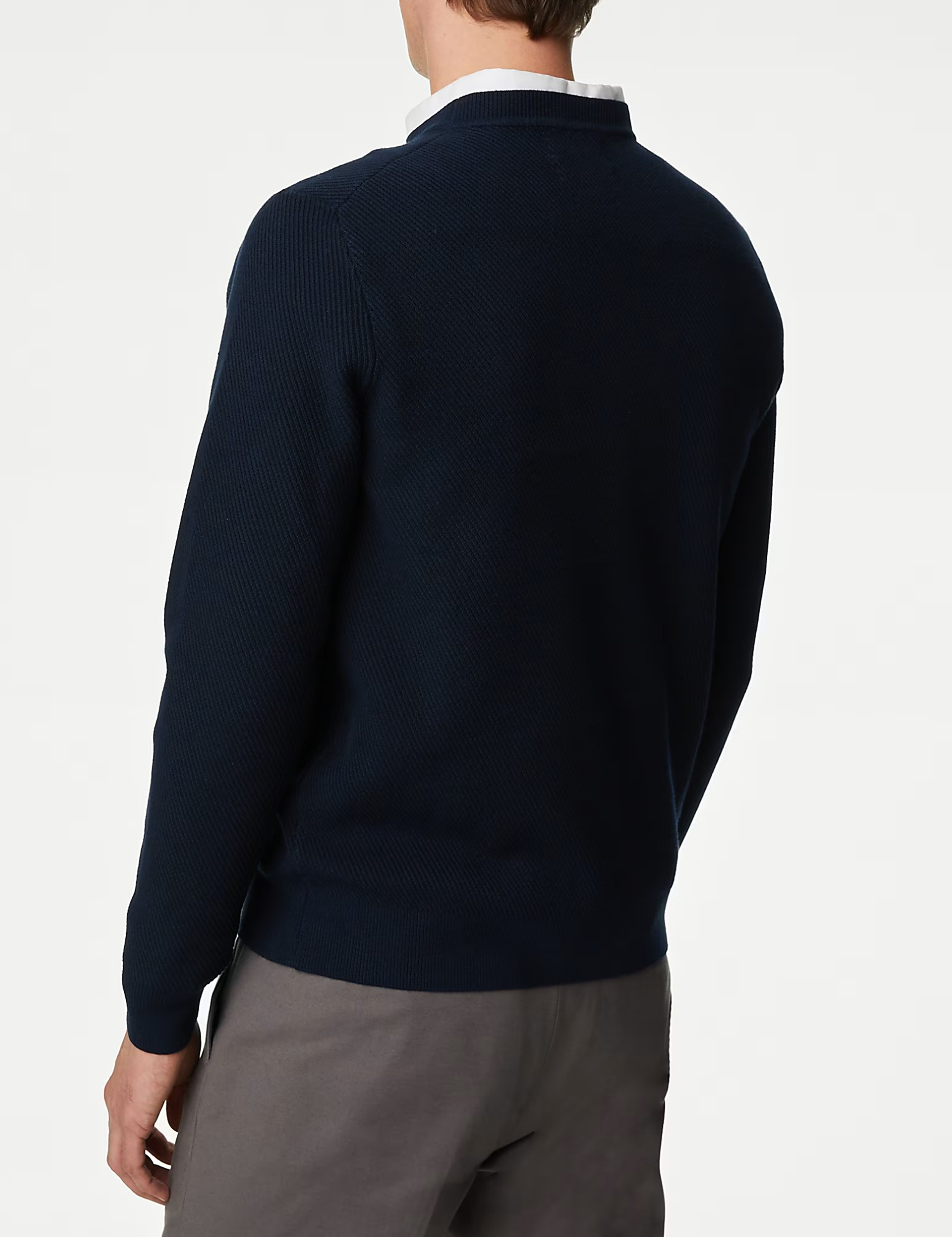 Men's Navy Textured Crew Neck Cotton Jumper