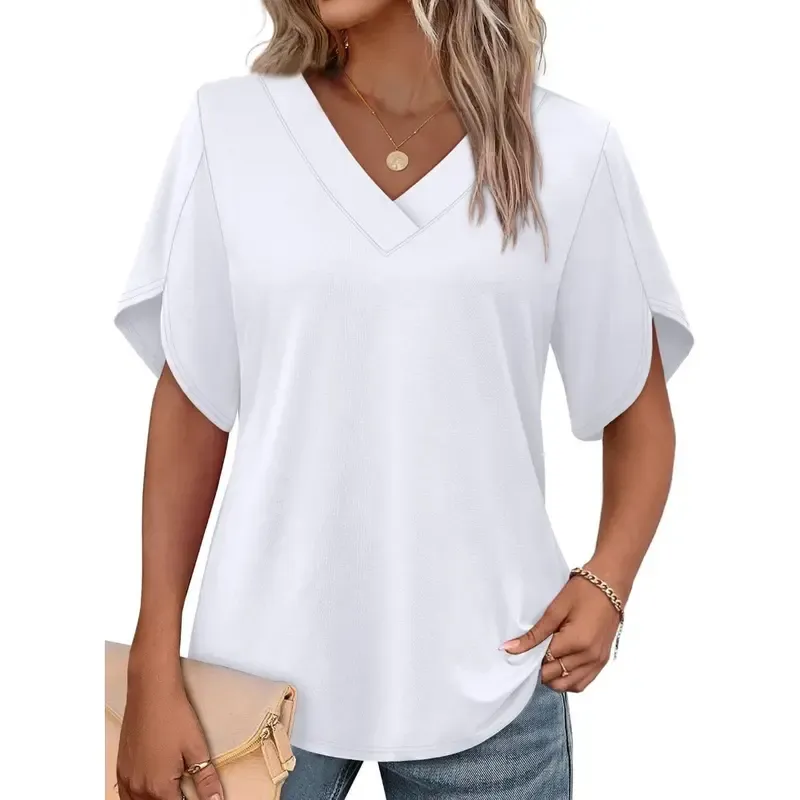 Women's Summer Short Petal Sleeve Blouse, V‑Neck Casual Top