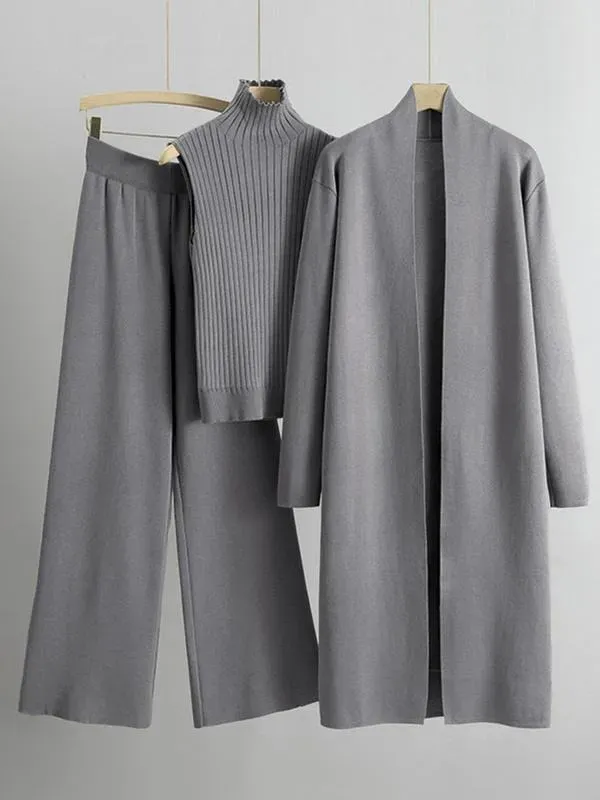 Trendy Knit Turtle Neck Tank & Wide Leg Trousers With Open-Front Long Cardigan Three-Piece Sets