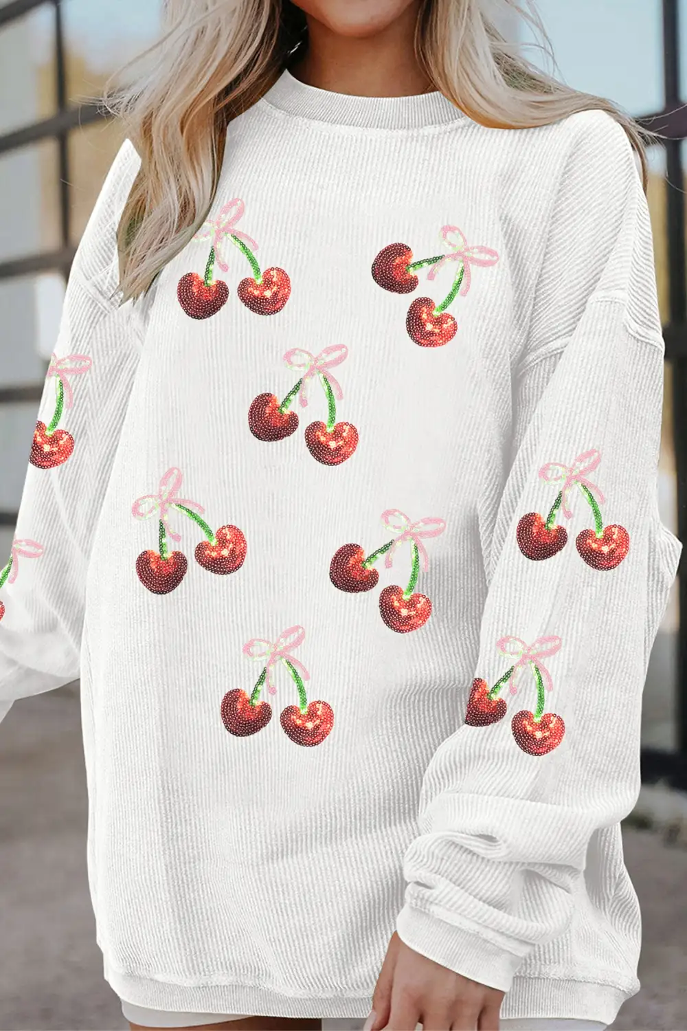 Bow Accent Sequin Accent Patchwork Sweatshirt