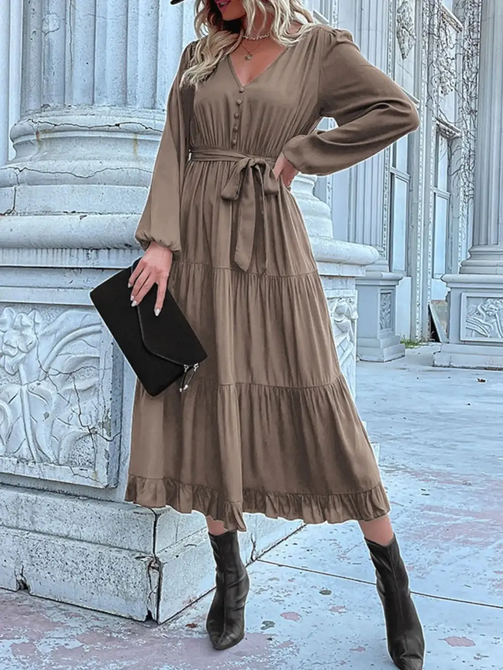 Smooth Finish V Neck Ruffle Dress