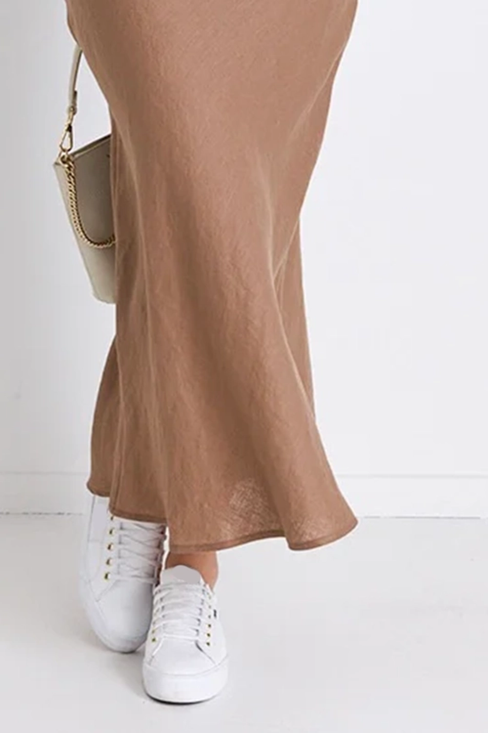 Beige Satin Slip Midi Skirt