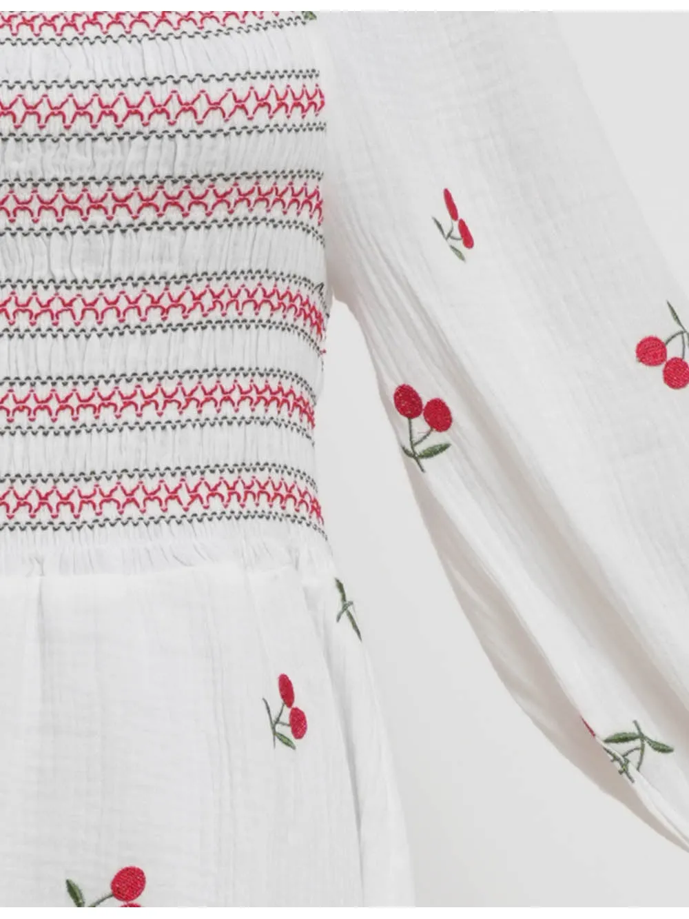 Cherry Embroidery Square Neck Puff Sleeves Mini Dress