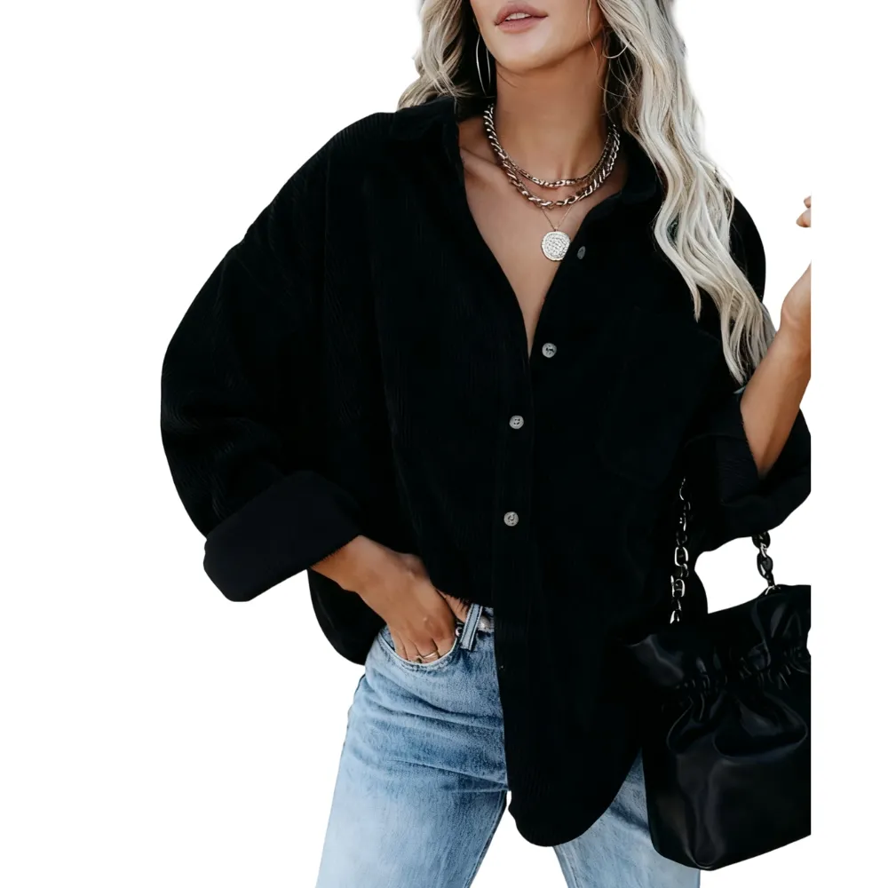 Women's Plain Pocket Button Front Corduroy Shirt