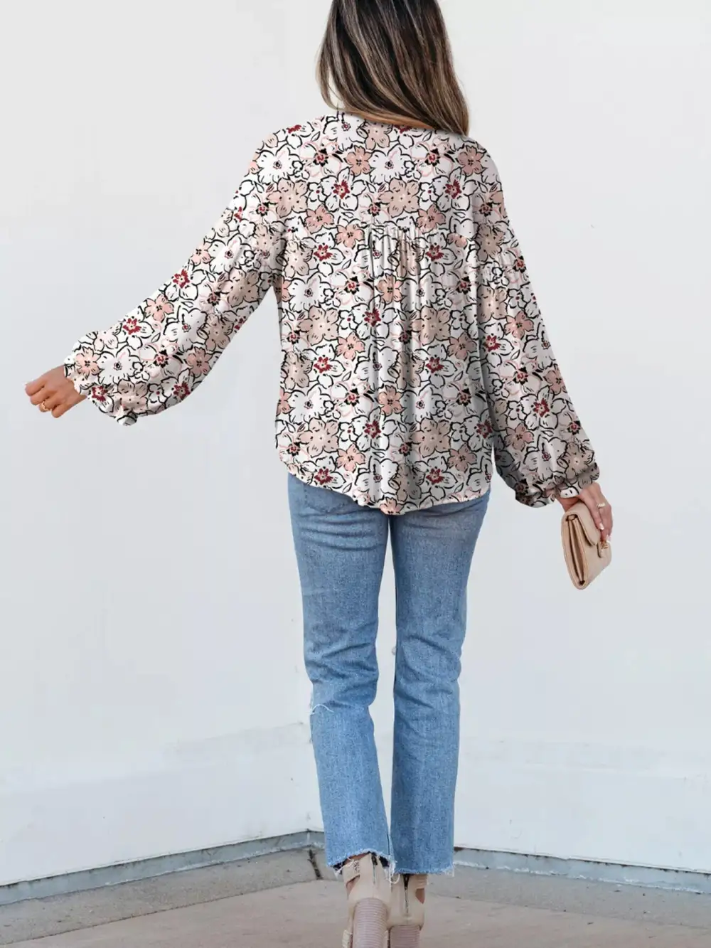 Print Frilled Puff Sleeve Button Down Shirt
