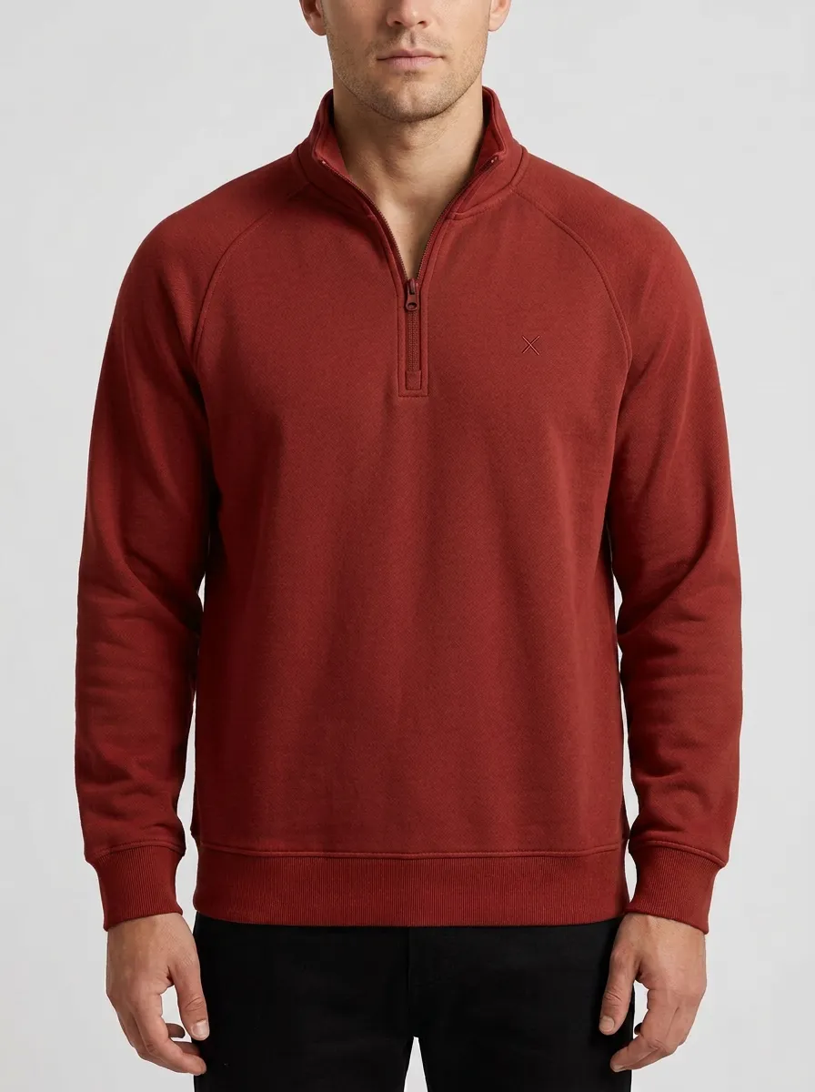 Men's Minimalist Textured Raglan Embroidered Stand-Collar Quarter-Zip Sweatshirt