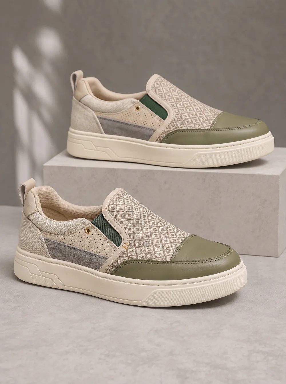 Men's Geometric Pattern Olive Green Suede Printed Slip-on Sneakers