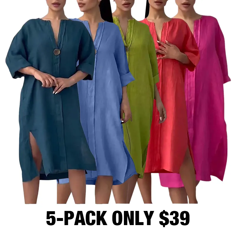 Women'S Solid Color Casual Cotton And Linen Dress-5-PACK