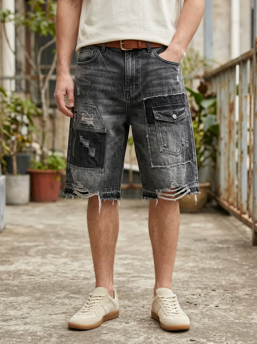 Men's Distressed Patchwork Washed Denim Cargo Shorts