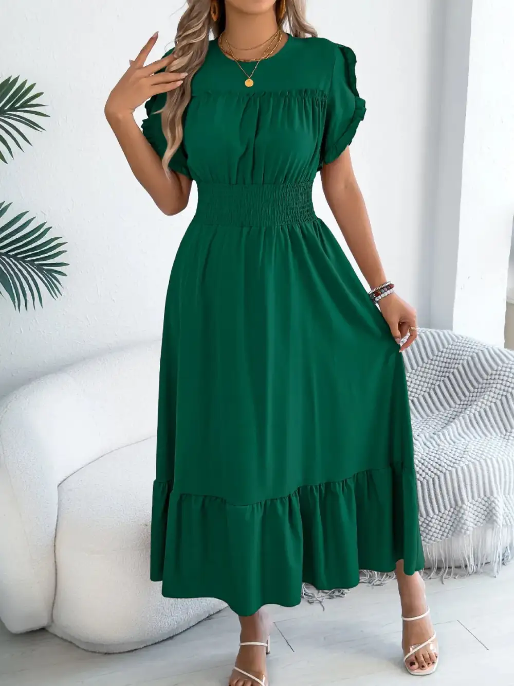 Crew Neck Ruffled Smocked Midi Dress