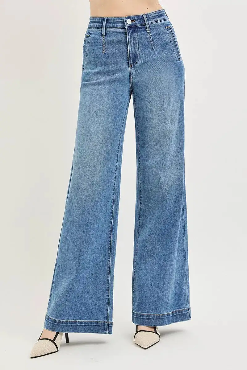High Rise Elastic Waist Wide Leg Jeans