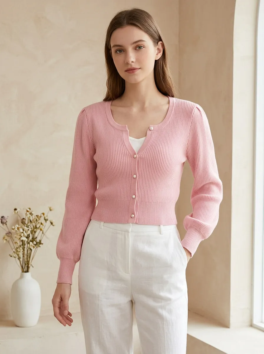 Women's Pink Ribbed Pearl Button Long Sleeve Cardigan Top