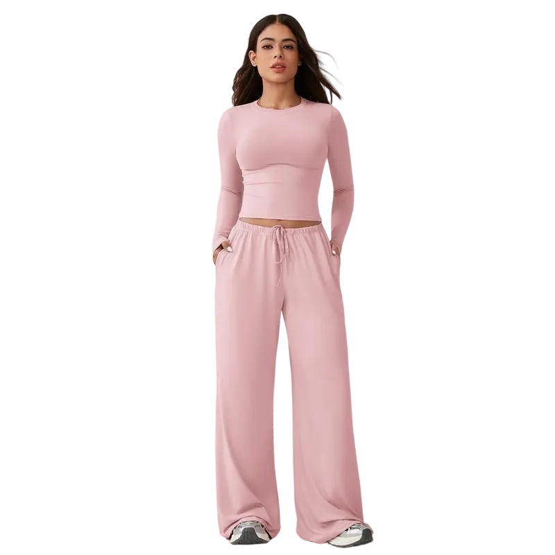 Women's 2-Piece Activewear Set Long-Sleeve Crop Top & Wide-Leg Pants Stretchy Fabric for Yoga