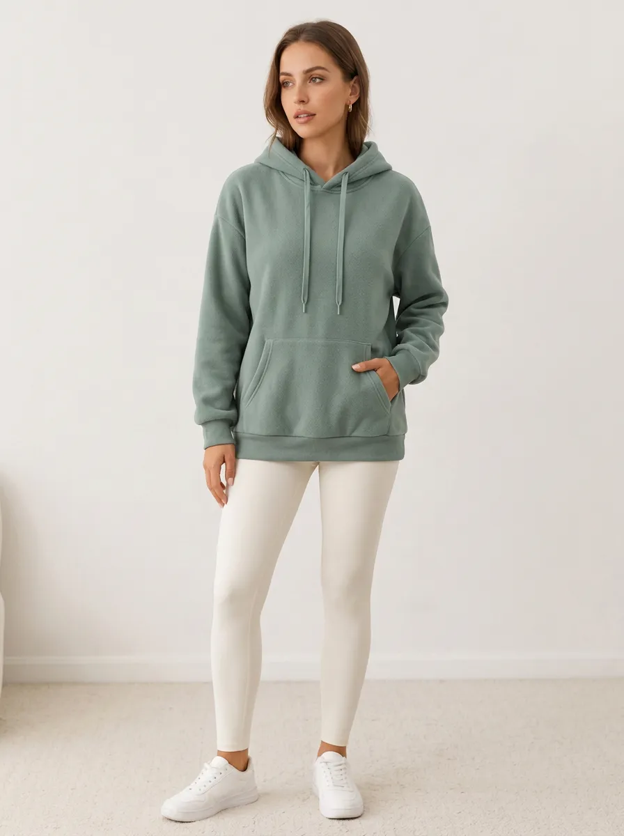 Women's Casual Minimalist Sage Green Solid Color Fleece Hoodie