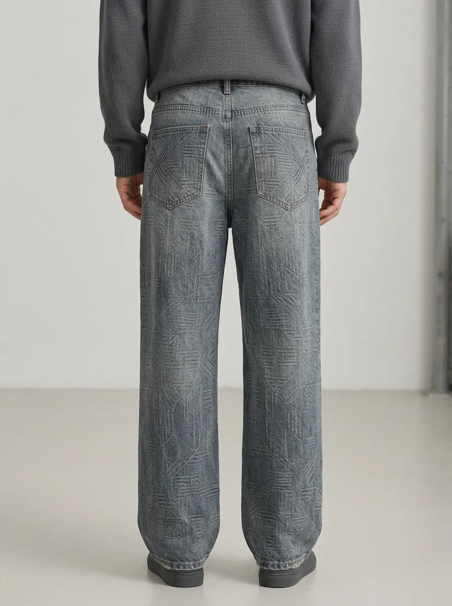 Men's Geometric Washed Wide Leg Jeans