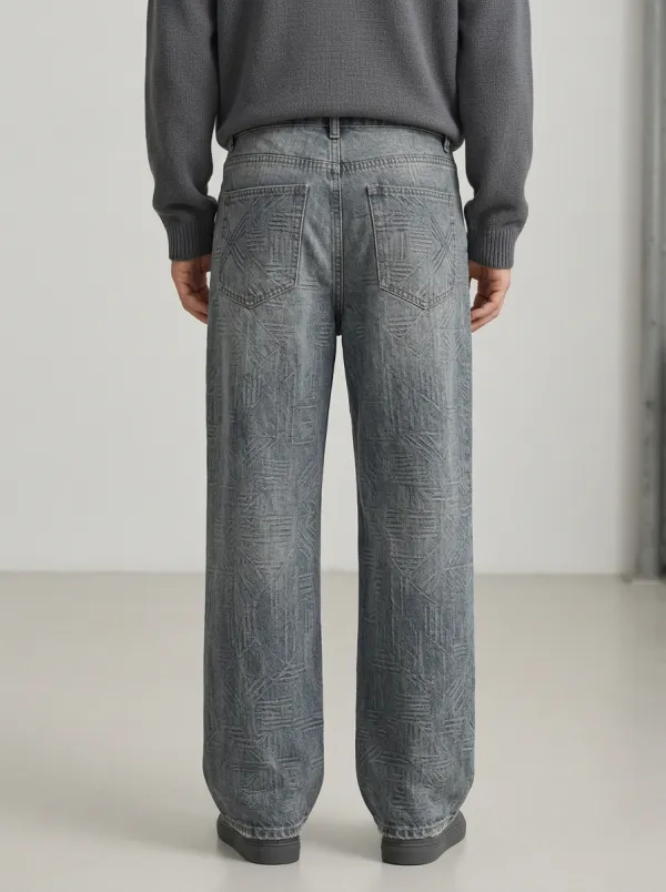 Men's Geometric Washed Wide Leg Jeans