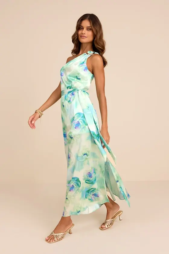 Goddess Aura Light Green Floral Satin One-Shoulder Maxi Dress