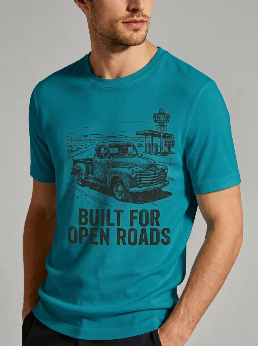 Men's Vintage Truck Lover Open Road Gas Station Printed T-shirt
